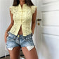 Lace Sleeveless Top Women Mandarin Collar Cap Sleeve Hollow Floral Lace Shirt Frog Buttons Slim Cropped Split Front Tops