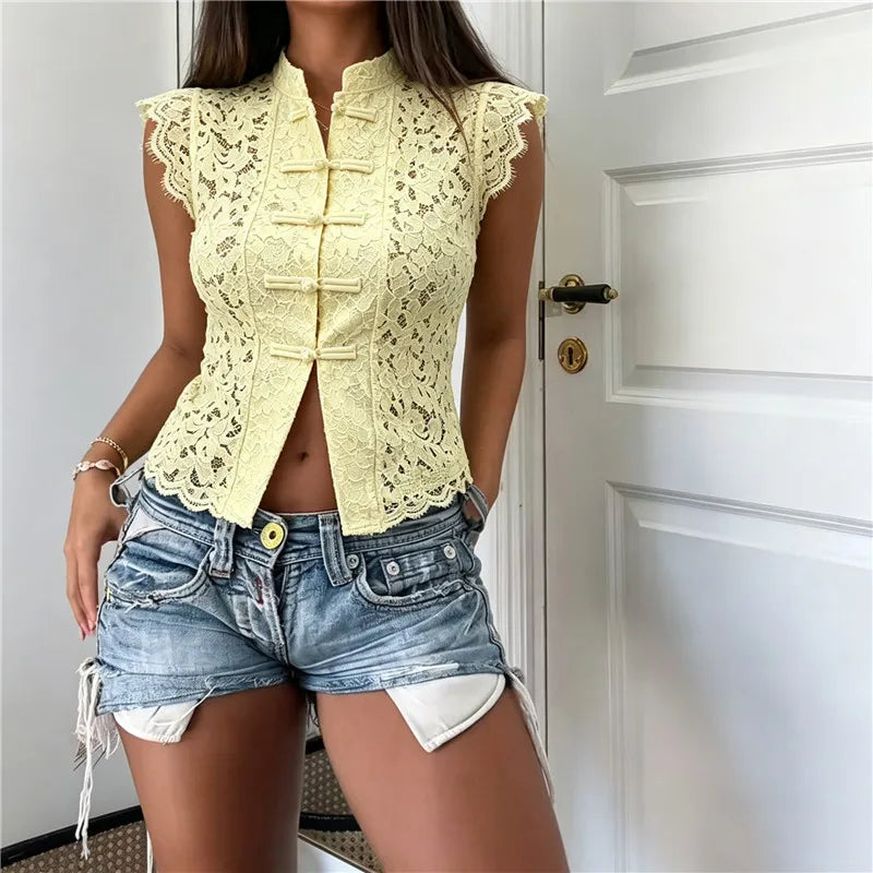 Lace Sleeveless Top Women Mandarin Collar Cap Sleeve Hollow Floral Lace Shirt Frog Buttons Slim Cropped Split Front Tops