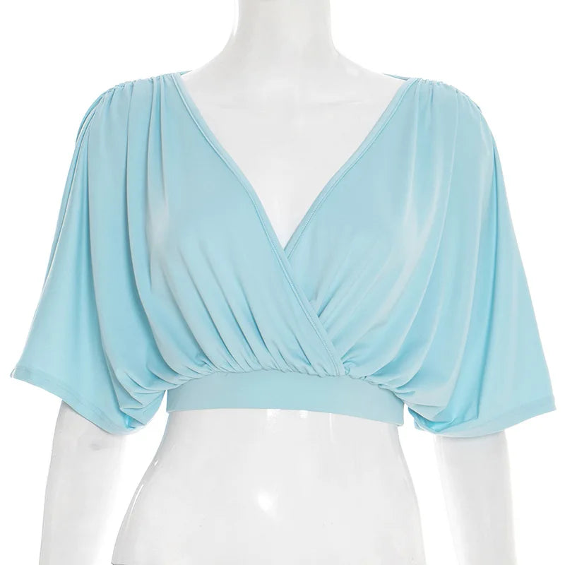 Deep V Neck Cross Front Crop Tops for Woman Clothes Summer 2026 Fashion Women T Shirts Blue
