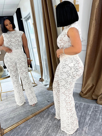 Sexy Mesh See Through 2 Piece Set Women Skinny Sleeveless Bodysuits+Flared Pants Midnight Club Party Coquett Outfits