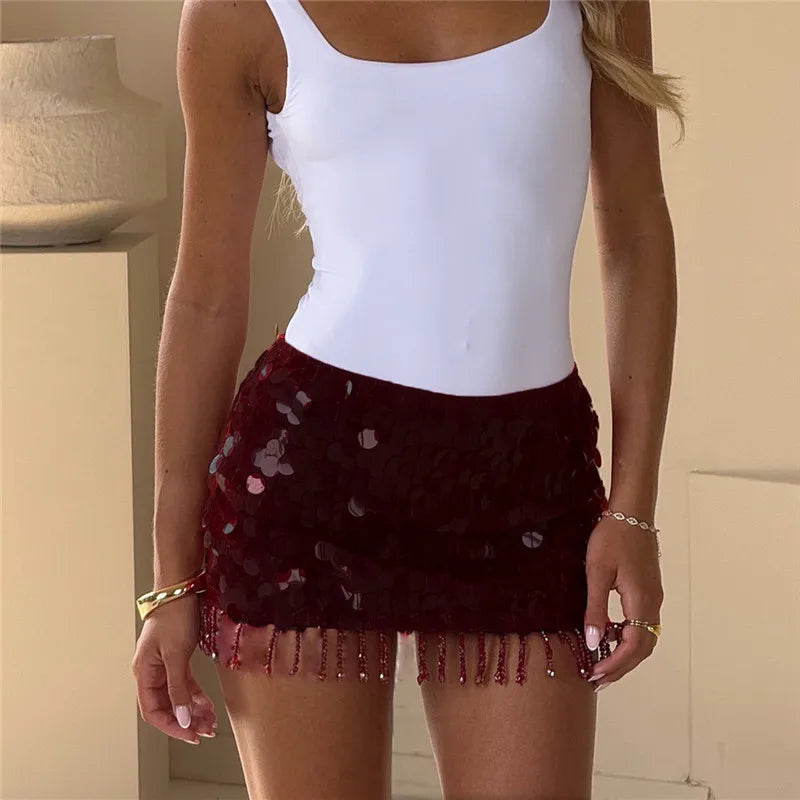 Tassels Sequins Mini Skirt Sexy Women Bodycon A-line Mini Skirt Summer Glitter Lady Party Club Dress Y2K Streetwear