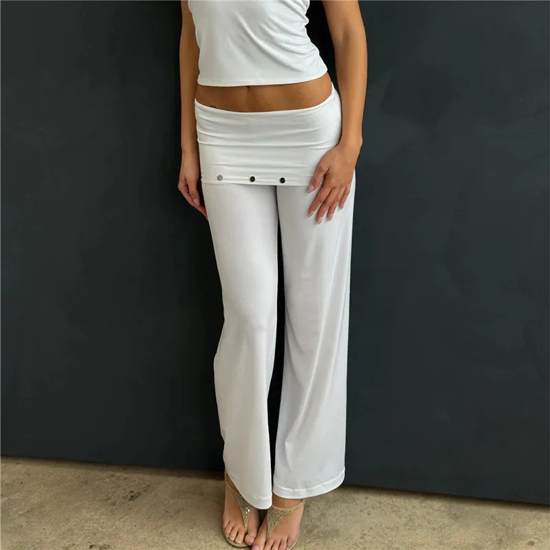 Y2K Low Rise Bootcut Pants Women Fold Over Waistband Metal Rivet Detail Soft Knit Wide Leg Casual Trousers Streetwear