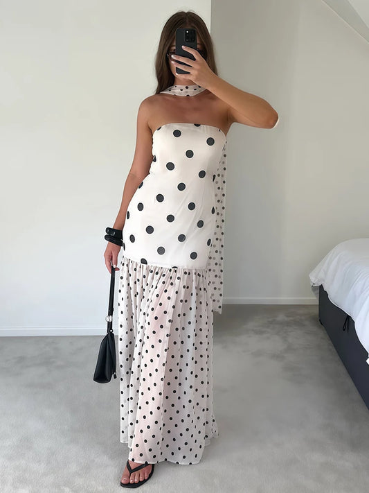 Polka Dot Print Dress+Silk Scarf Women Sexy Fashion Mesh Patchwork Hem Sleeveless Elegant Trend Party Club Bodycon