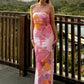 Purple Floral Print Party Dresses for Wedding Guest Strapless Backless Maxi Dress Elegant Woman Clothes