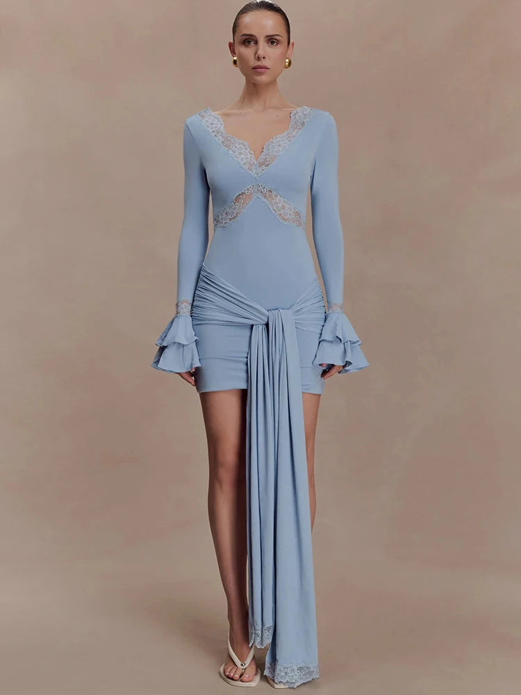 Slinky Lace Long Sleeve Sexy Mini Dress Women Elegant  Cut-out V Neck Backless Bodycon Club Party Dress Female Clothes