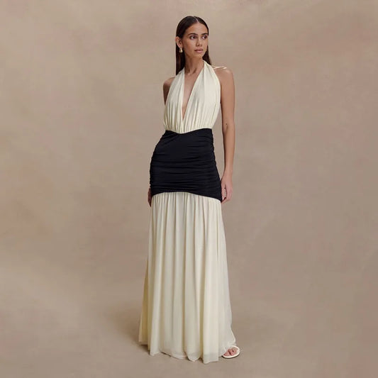 Deep V Neck Backless Pleated Long Dresses Black and White Patchwork Sexy Party Dresses Woman Elegant