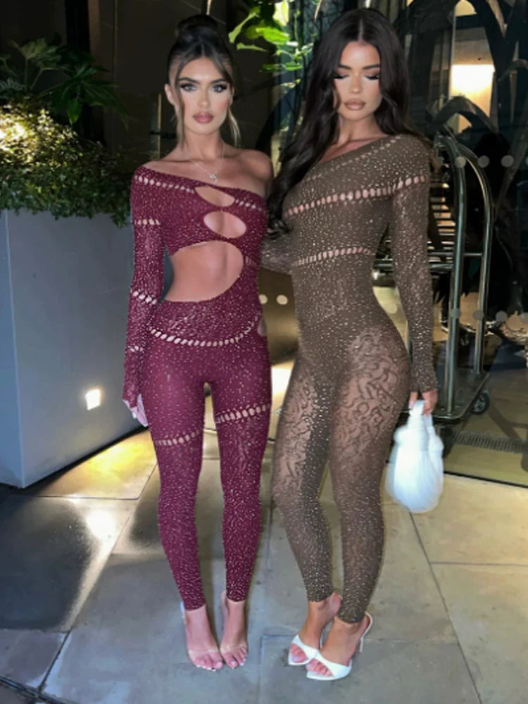 Shine Rhinestones Jumpsuits Women Irregular Hollow Skew Collar Single Sleeve Hottie Sexy Coquettish Clubwear Overalls