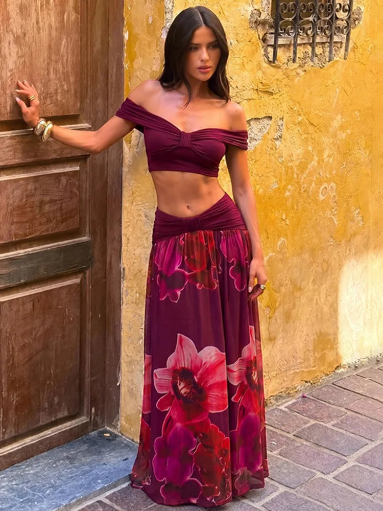 Print Two Piece Set Women Elegant Strapless Crop Top And Maxi Skirt Sets Female Pleated Beach Club Party Dress Set