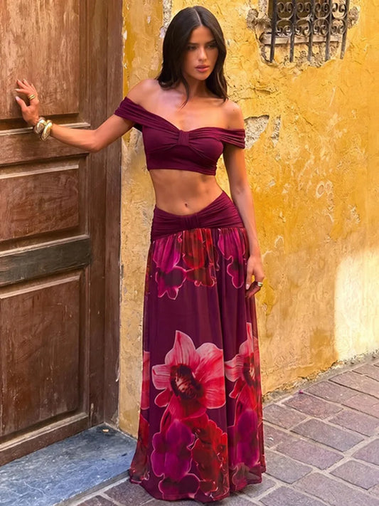 Print Two Piece Set Women Elegant Strapless Crop Top And Maxi Skirt Sets Female Pleated Beach Club Party Dress Set