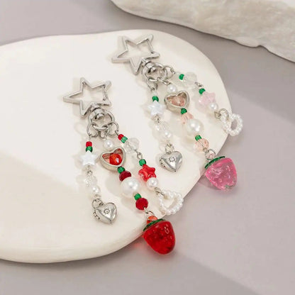 Y2K 2025 New Korean Fashion Strawberry Bow Keychains Heart Pendant Keyring Ins Aesthetic Holder Bag Pendant Accessories