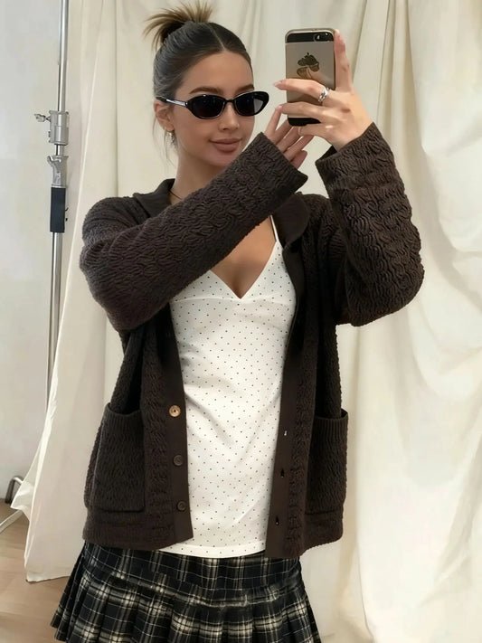 Classic Basics Sweater Women Autumn Casuals Long Sleeve Button Pocket   Elastic Streewear Daily Simple Trend Coat