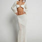 Women's Crochet Knit 2 Piece Skirt Set Hollow Out Crop Top Long Sleeve Backless Tie Up Club Bodycon Dress Outfits