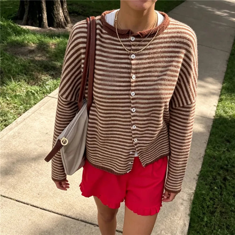 Womens Fuzzy Striped Knit Cardigan Round Neck Button Front Long Sleeve Loose Casual Sweater Jacket Winter Fall Outerwear