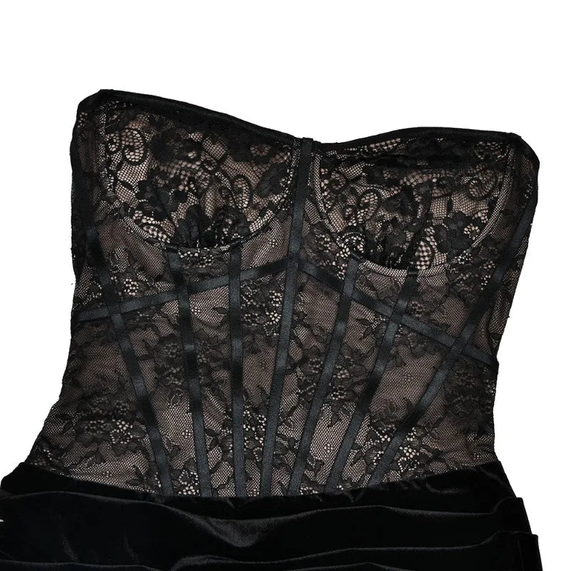 Long Sleeve Backless Corset Maxi Dress 2 Piece Set Black Lace Velvet Luxury Evening Gown Dresses