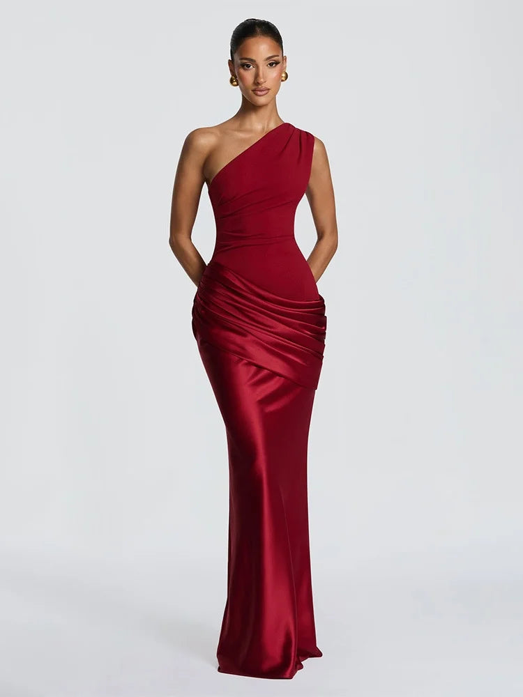 Satin Splicing One Shoulder Draped Maxi Dress Evening Gown Woman Party Dresses Elegant Sexy