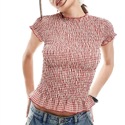 Women Gingham Plaid Smocked Blouse Short Sleeve Ruffle Trim Crew Neck Slim Fit Top Cottage Y2K Casual Summer Streetwear