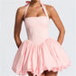 Women Fashion Cocktail Mini Dress Solid/Dots Print Halter Neck Bubble Dress Tie Up A Line Dress Sexy Corset Club Dresses