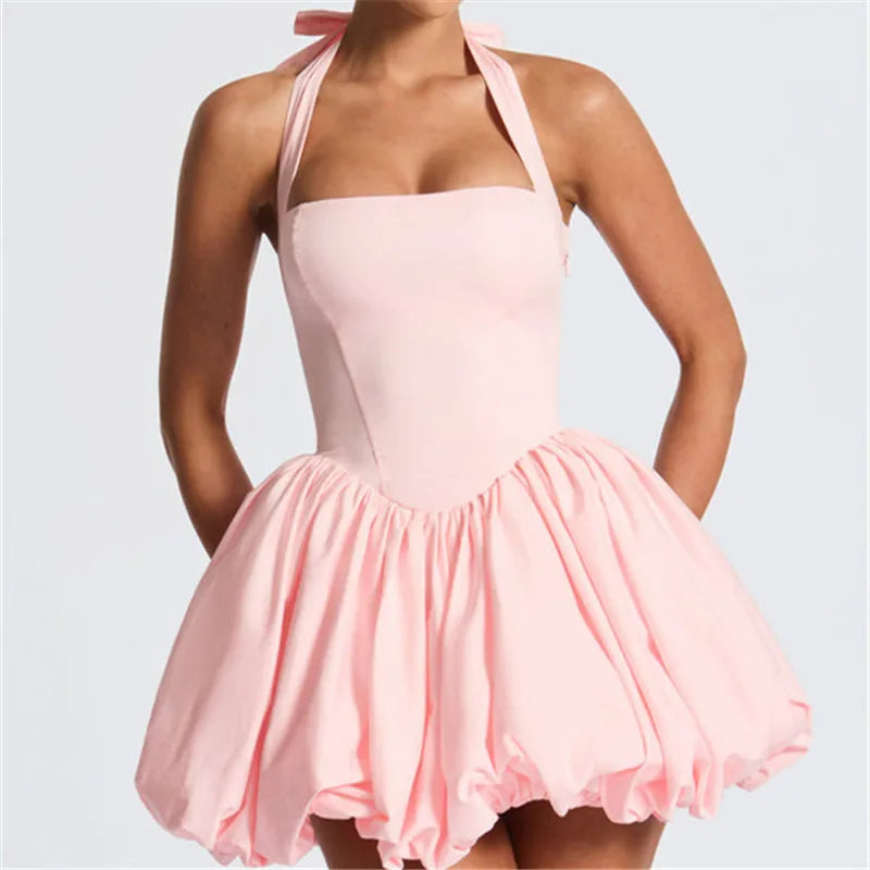 Women Fashion Cocktail Mini Dress Solid/Dots Print Halter Neck Bubble Dress Tie Up A Line Dress Sexy Corset Club Dresses