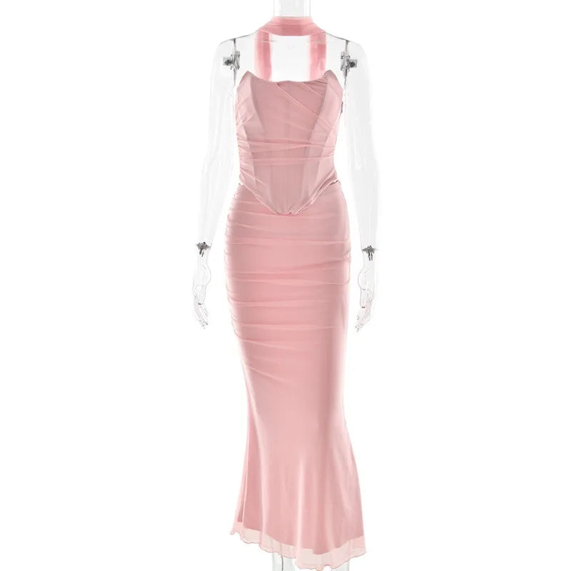 Sexy 2 Piece Set Mesh Strapless Corset Top and Maxi Skirt Co Ord Sets for Woman Elegant Party Outfit