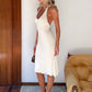 Women Halter Deep V Neck Midi Dress Sleeveless Backless Bodycon Ruffle Hem Long Dress Elegant Club Party Evening Dress