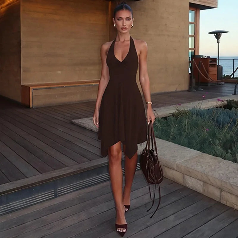 Handkerchief-hem String Back Halter Midi Dress Black Fashion Woman Clothing Elegant Dresses Casual