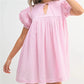 Summer Cute Gingham Babydoll Dress Ladies Round Neck Front Drawstring Bubble Sleeve Loose Flowy Short Dress Vacation