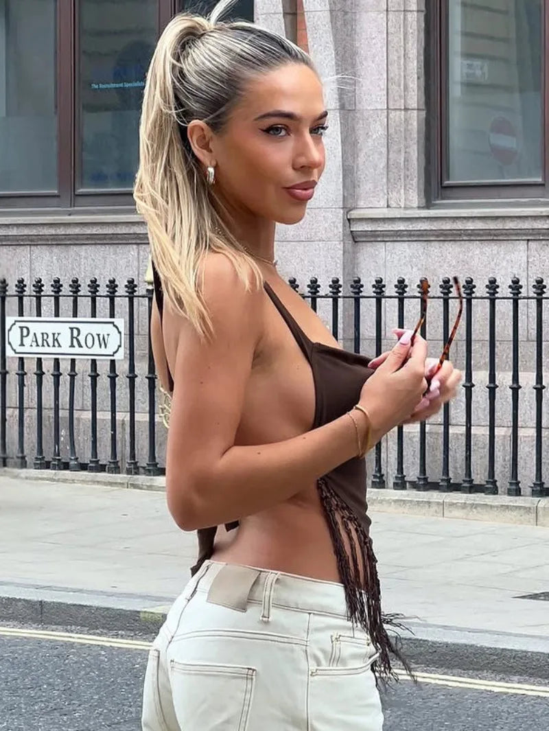 Lace Up Tassel Backless Crop Tops Streetwear Woman Clothing Sexy Summer Halter Top Club Wear