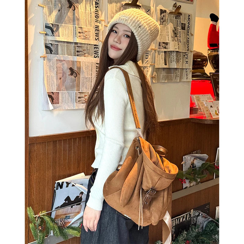Y2K Preppy Solid Bunny Ear Hat Belt Buckle Backpack For Women