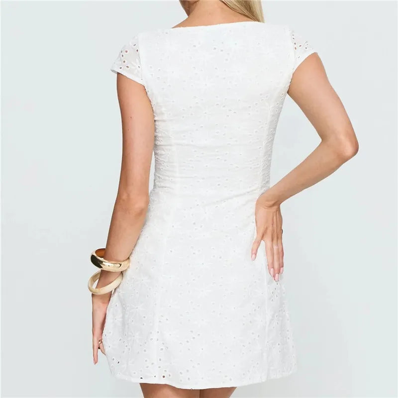 Women White Eyelet Embroidery Mini Dress Square Neck Cap Sleeve Cutout Front A Line Summer Casual Party Vacation Dress