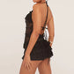 Women Lace Halter Neck Bodysuit Romper Slim Open Back Tie-up Sleeveless Layered Ruffle Shorts Jumpsuit Party Clubwear