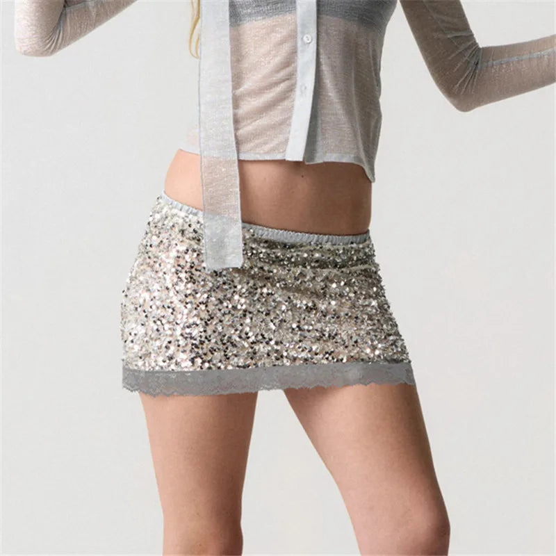 Women Y2K Sequin Mini Skirt Lace Trim Elastic Waist Low Rise Bodycon Micro Short Skirt Club Party Festival Skirts
