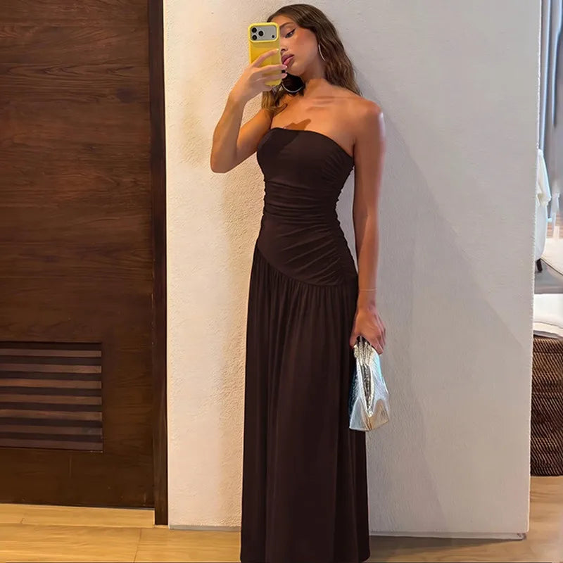 Strapless Ruched Maxi Dress Burgundy Black Outfit Summer Woman Clothing Elegant Dresses Casual