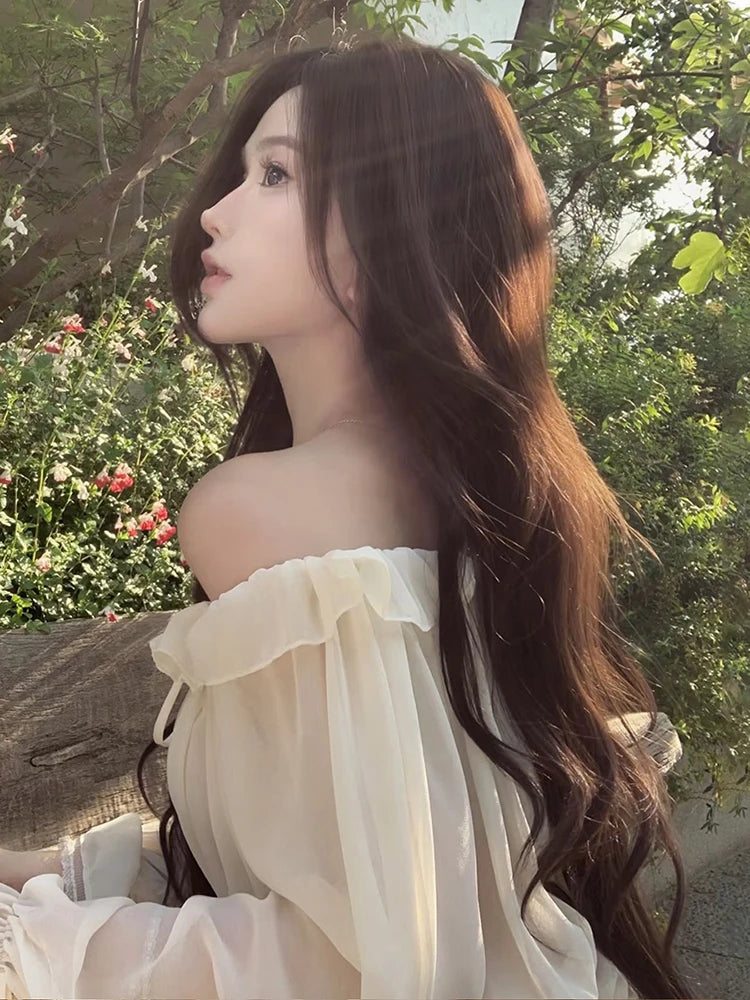 Sexy See Through Dress Women Slash Neck Drawstring Butterfly Sleeve Ruffles Ruched Skinny Peach Hip Clubwear Bodycon