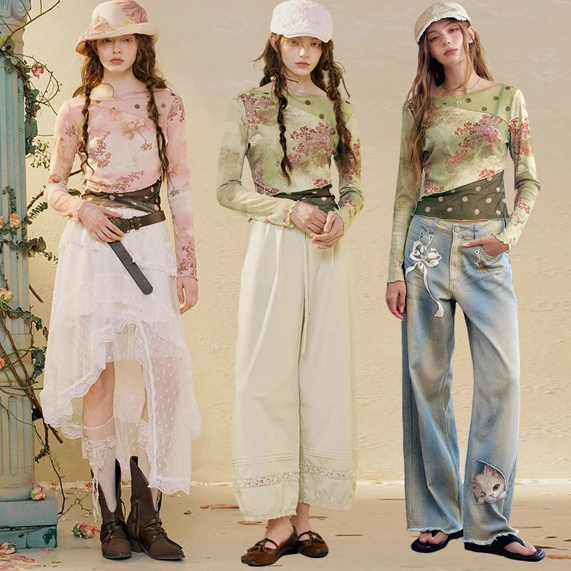 Women's Oriental Asymmetrical T-shirt with Floral Polka Dot Print, Lightweight Long Sleeve Patchwork Tee for Summer