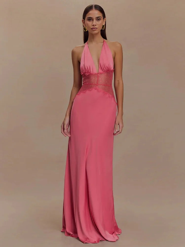 Elegant Lace Trim Satin White Maxi Dress Deep V Backless Long Gown Dresses for Ladies Sexy Birthday Outfits