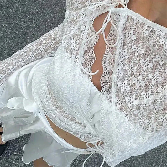 Sexy Women's Floral Lace Tie Up Tops Tee Mesh Solid Color See Through Long Sleeve Slim Fit Shirts Blouse Fall Streetwear