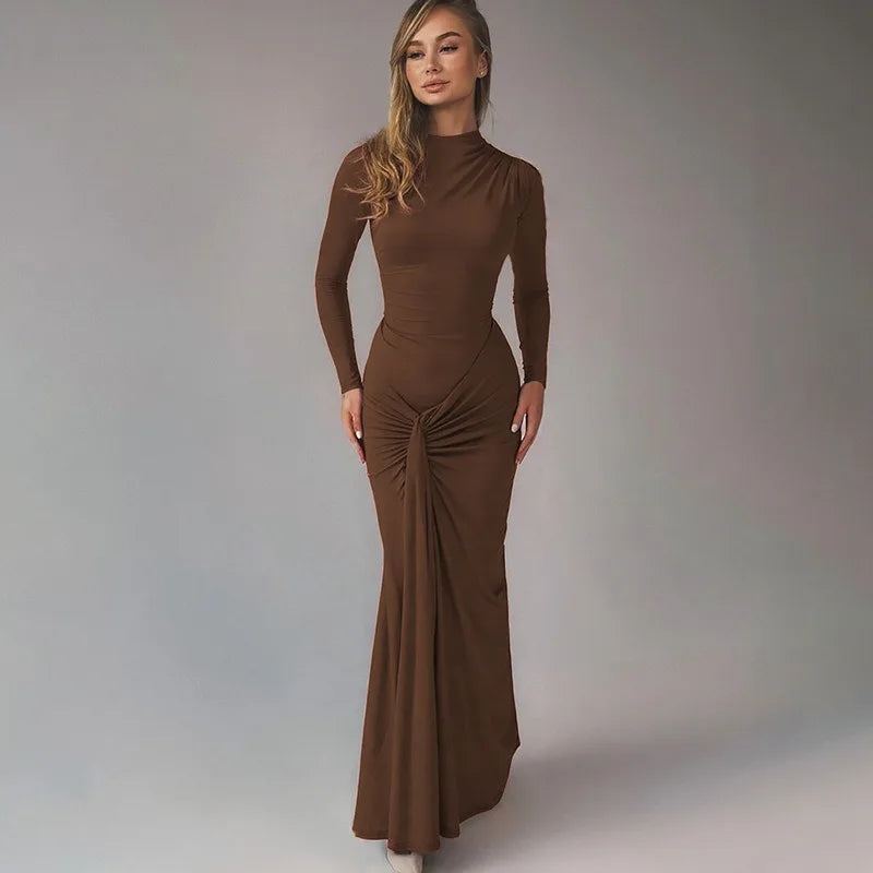 Long Sleeve Ruched Maxi Dress Solid Color Elegant Dresses for Woman Party Outfits Autumn 2025