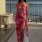 Flower Print Dress Women Backless Waistless Cross Lace-Up Halter Side Slit Patchwork Midnight Clubwear Party Vestidos