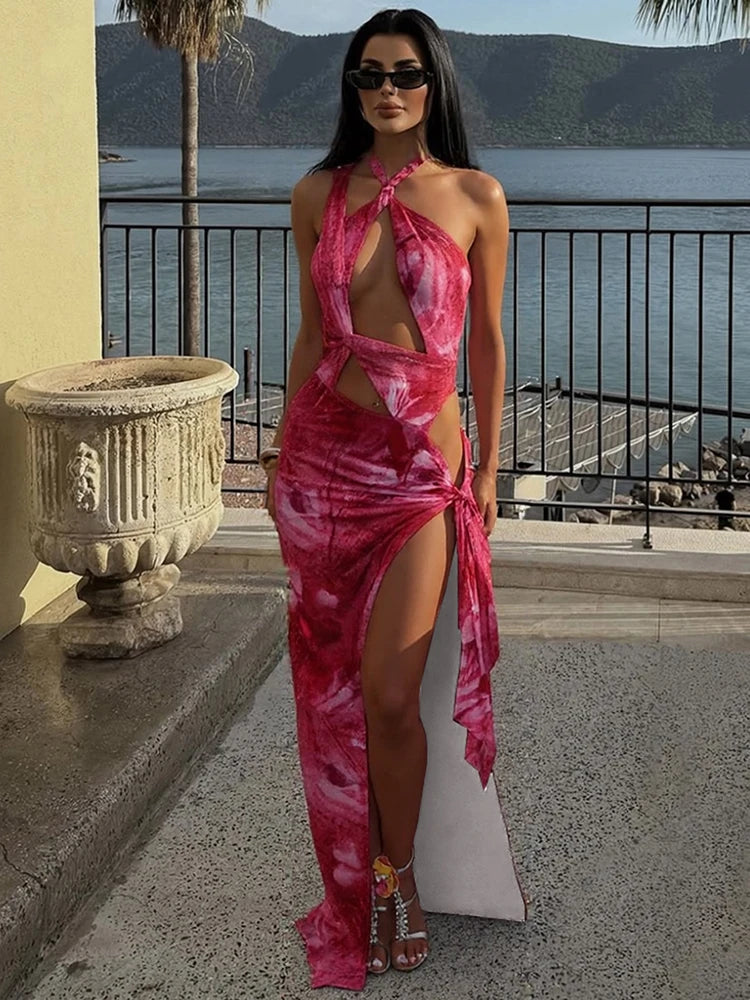 Flower Print Dress Women Backless Waistless Cross Lace-Up Halter Side Slit Patchwork Midnight Clubwear Party Vestidos