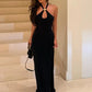 Black Halter Sexy Maxi Dress Women Elegant Gold Ring Off-shoulder Sleeveless Backless Bodycon Club Party Long Dresses