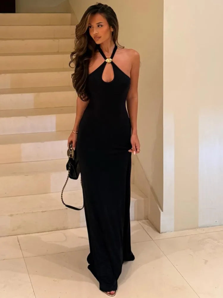 Black Halter Sexy Maxi Dress Women Elegant Gold Ring Off-shoulder Sleeveless Backless Bodycon Club Party Long Dresses