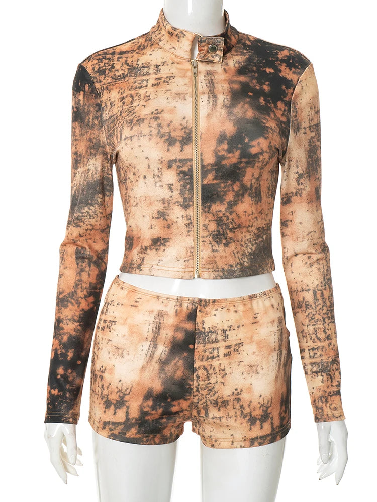 Sporty 2 Piece Set Women Sexy Tie Dye Print Metal Buckle Crop Jacket+Biker Shorts Matching Streetwear Stretch Suit