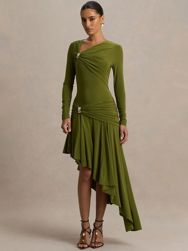 Irregular Long Sleeve Sexy Maxi Dress Women Gown Elegant Diagonal Collar Split Ruffle Ruched Club Party Long Dresses