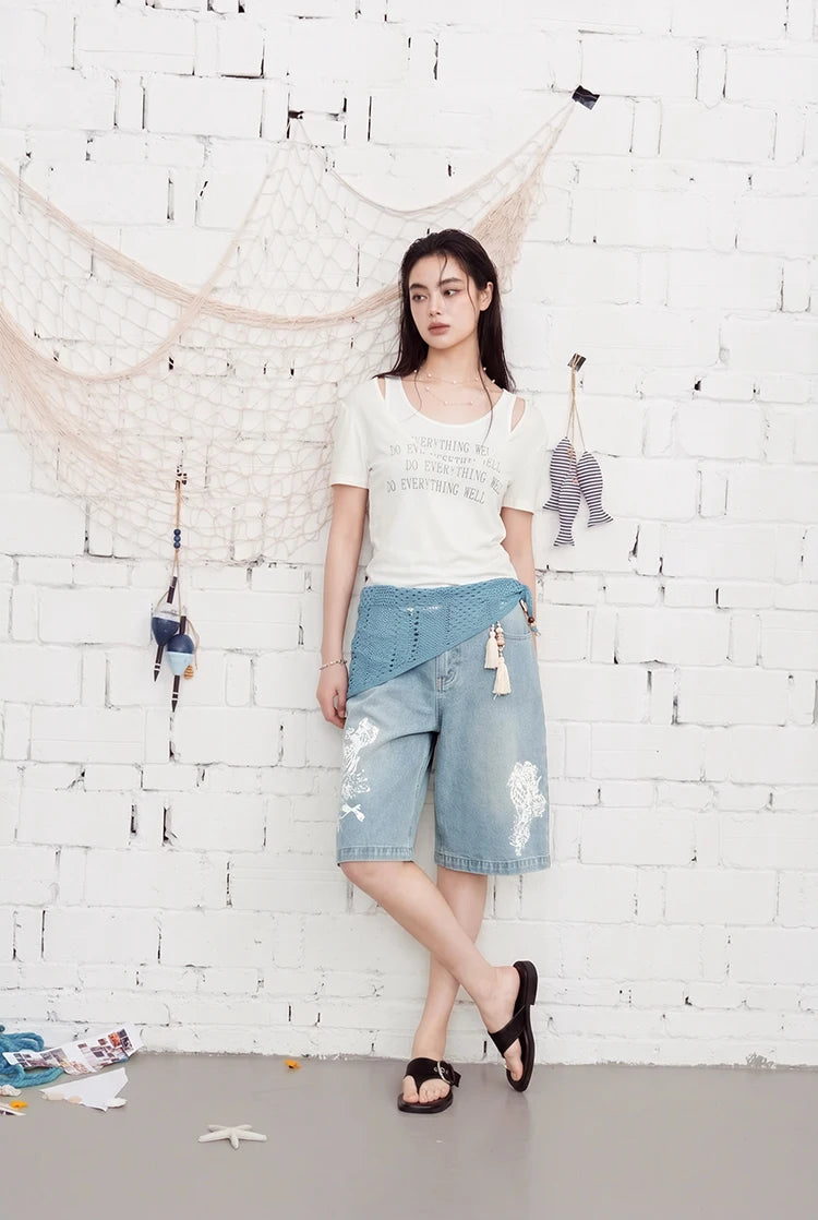 Double-Layer Textured Fitted T-Shirt, Off-Shoulder Ruched Short Sleeve Top