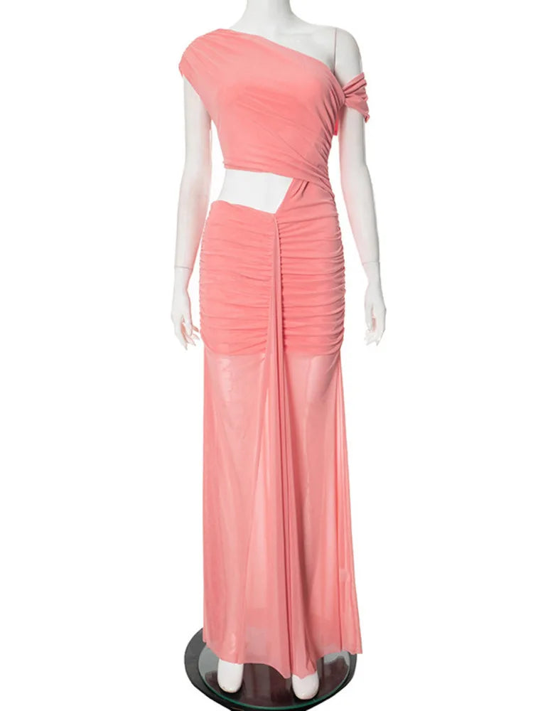 Sexy Sleeveless Hollow Out Pleated Patchwork Maxi Dress For Women High Waist Off-shoulder Slim Club Party Long Dress