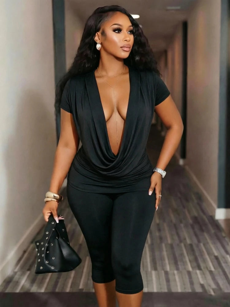 Sexy 2-Piece Set Women Swing Collar t-Shirt+Simple Classic Short Solid Street Sexy Midnight Matching Comfortable Suit