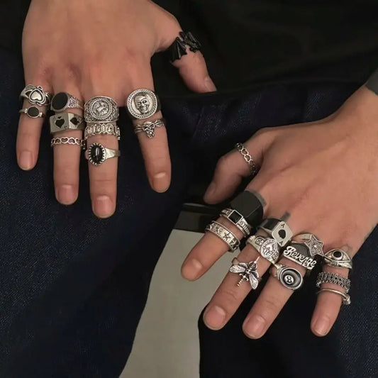 24Pcs/Set Creative Skull Head Poker Bat Rings for Men 2025 Trend Goth Geometric Ancient Silver Color Rings Male Jewelry