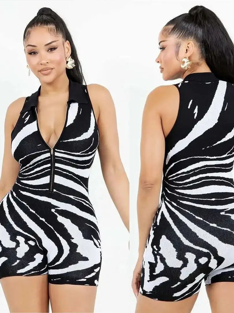 Zip Polo Neck Romper Women Sleeveless Stripe Print Streetwear Midnight Clubwear Sleeveless Skinny Simple Playsuit