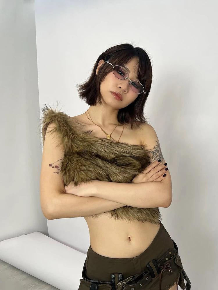 Off-Shoulder High Street Tank Tops Women Sexy Furry Coquette Simple Midnight Party Clubwear Hottie Wild Fashion Vests