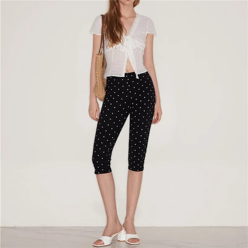 Women Polka Dot Print Capri Pants Y2k High Waist Skinny Knee Length Sexy Yoga Capris Leggings Cropped Trousers Workout